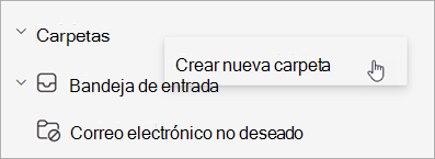 Captura de pantalla de la opción Crear nueva carpeta seleccionada en el menú Más opciones del panel de carpetas