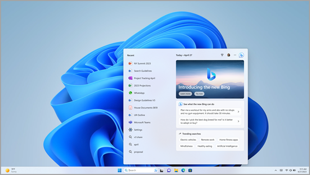 La nueva experiencia de Búsqueda de Bing en la Windows 11 barra de tareas.