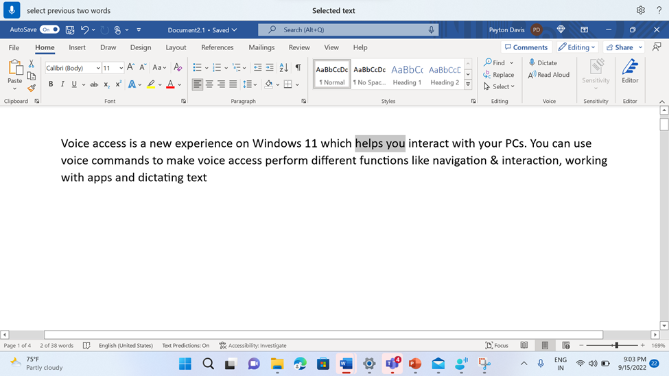 Word documento que muestra el comando de acceso por voz para seleccionar dos palabras anteriores.