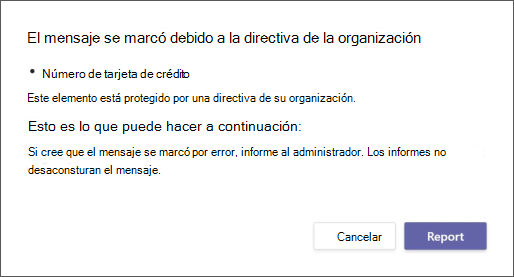 Un cuadro de diálogo que explica por qué la directiva de prevención de pérdida de datos de una organización marca un mensaje