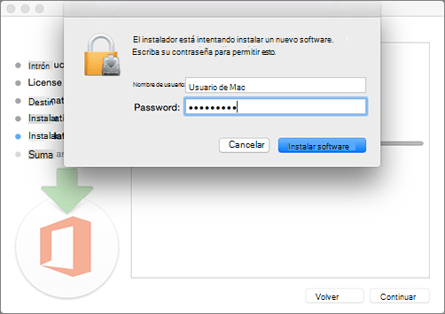 Introduzca su contraseña de administrador para comenzar a instalar