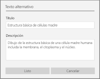 Cuadro de diálogo de texto alternativo para agregar texto alternativo en OneNote para Windows 10.