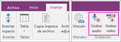 Captura de pantalla del menú Insertar, con botones AV en OneNote 2016.