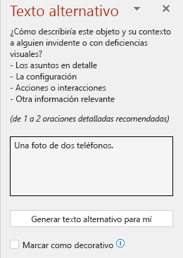 El panel de texto alternativo que muestra un ejemplo de texto alternativo poco efectivo.