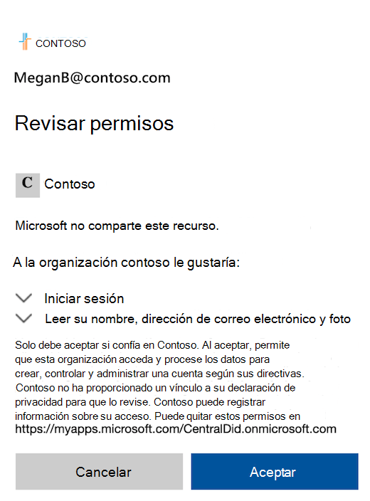 Un cuadro de diálogo que muestra los permisos de Revisión con la opción Aceptar o Cancelar.