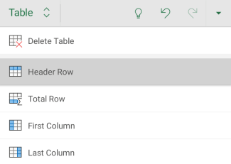Opción Fila de encabezado seleccionada para una tabla en Excel para Android.