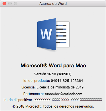 Cuadro de diálogo Acerca de Word