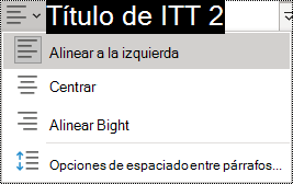 Captura de pantalla de las opciones de alineación de párrafo en OneNote 2016.