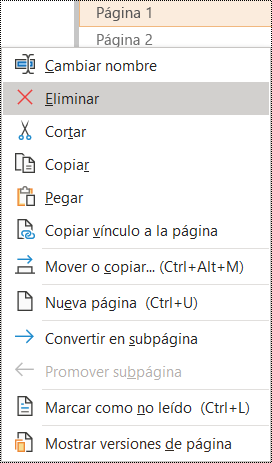 Cuadro de diálogo Eliminar una página en OneNote para Windows