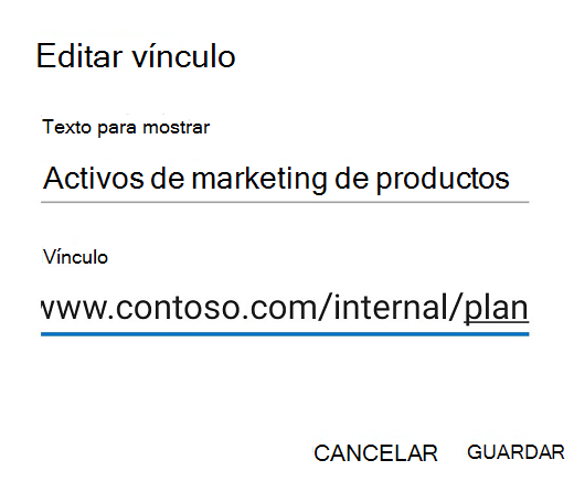 Cuadro de diálogo Editar vínculo de Outlook para Android.