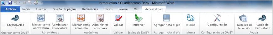 Save As DAISY en la ficha Accesibilidad de la cinta de opciones