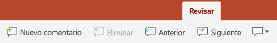 La pestaña Revisar de la cinta de PowerPoint para tabletas Android tiene botones para usar Comentarios.