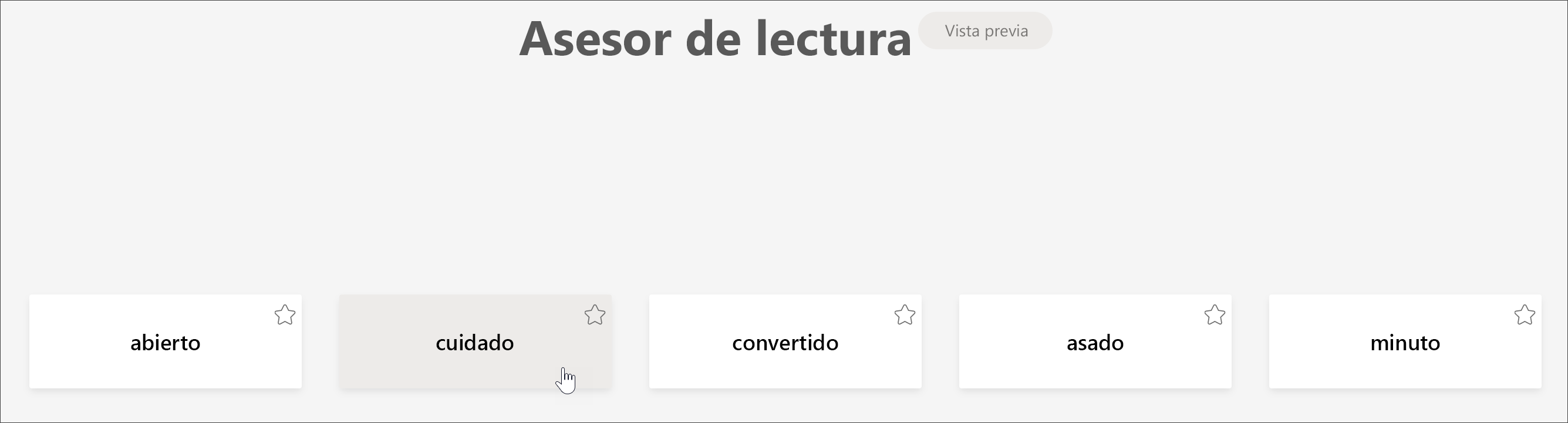 captura de pantalla de la vista de estudiante del entrenador de lectura que muestra las 5 palabras con las que un estudiante tuvo más dificultades, con el cursor sobre la palabra "cuidadosamente".