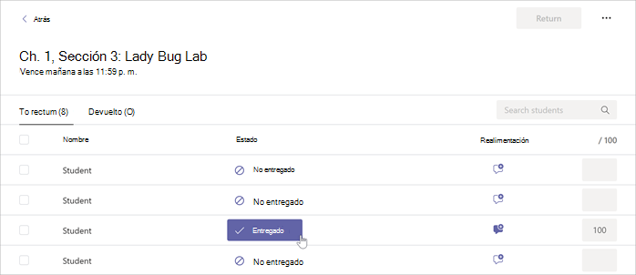 El cursor se mueve sobre el botón Entregado dentro de una tarea seleccionada en Microsoft Teams.