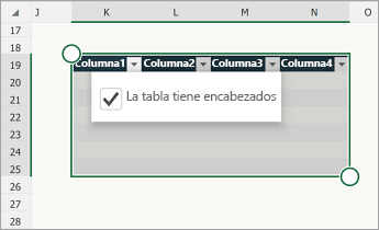 Tabla, con la casilla La tabla tiene encabezados seleccionada.