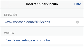 Cuadro de diálogo Insertar hipervínculo, que muestra los campos DIRECCIÓN y MOSTRAR.