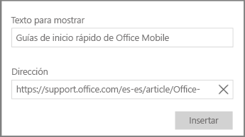 Captura de pantalla del cuadro de diálogo para agregar un vínculo de hipertexto en OneNote para Windows 10.