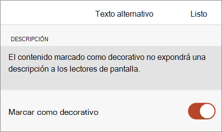 La opción Marcar como decorativo seleccionada en el cuadro de diálogo Texto alternativo de PowerPoint para iOS.