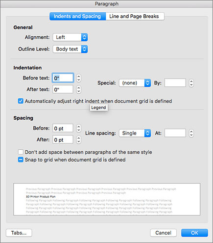 El cuadro de diálogo Párrafo en Outlook para Mac.