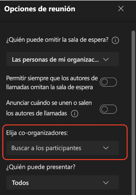 Interfaz de usuario de opciones de la reunión