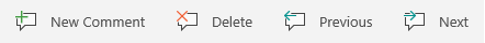 Los botones de Comentarios en Windows Mobile: Crear nuevo comentario, eliminar el comentario actual, ir al comentario anterior o al siguiente