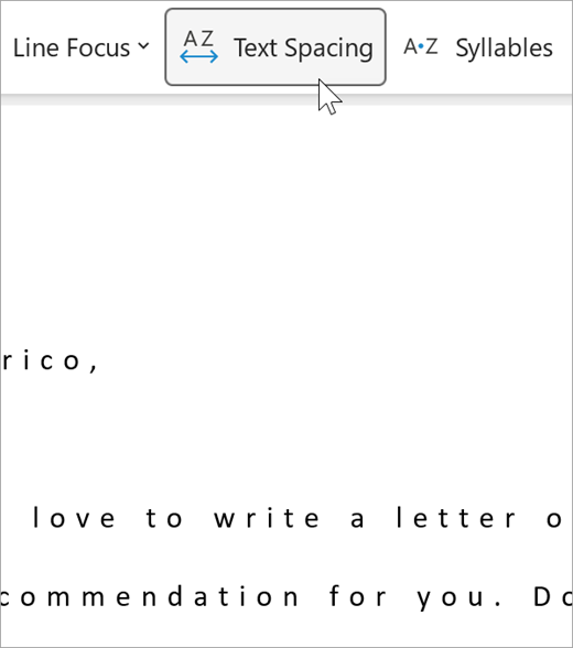 Captura de pantalla de la opción de espaciado de texto del Lector inmersivo, hay una mayor distancia entre letras y entre palabras