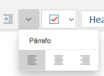 El menú Párrafo muestra las opciones disponibles en OneNote para Windows 10.