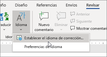 Elija Establecer idioma de corrección en el menú Idioma en la pestaña Revisar.