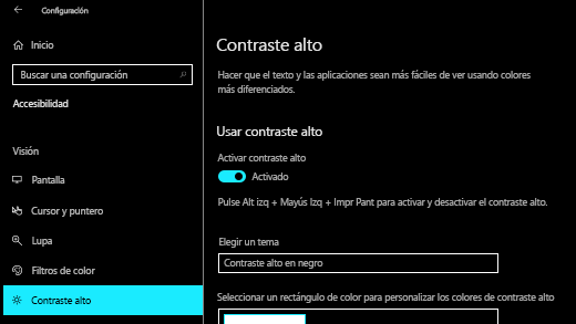 Activa el contraste alto en Windows 10 Configuración aplicación.