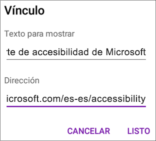 Cuadro de diálogo Agregar hipervínculo en OneNote para Android