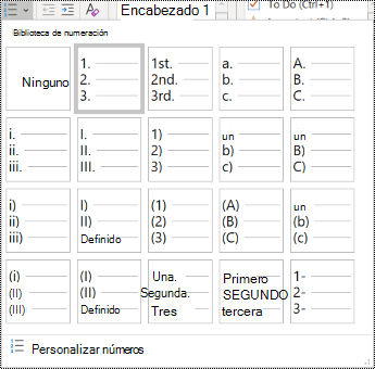 Captura de pantalla de la opción Lista numerada en el menú Inicio.