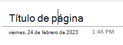 Los campos de texto del título de página en una página de OneNote para Windows 10.