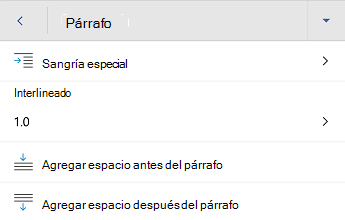 Menú de formato de párrafo de Word para Android.