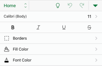 Opciones de formato de fuente en Excel para iOS.