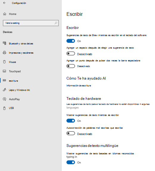 La opción de sugerencias de texto mientras escribe en Windows