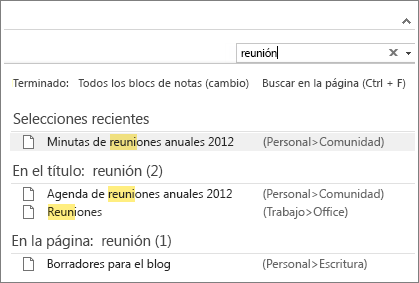 Use Buscar para buscar notas en cualquier lugar dentro OneNote.