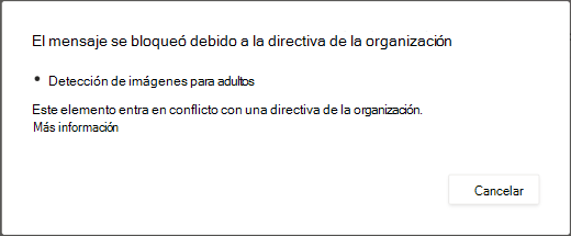 Un mensaje de diálogo explica por qué se eliminó un mensaje para contener contenido para adultos.