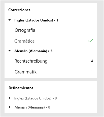 Las correcciones y mejoras se muestran por idioma en el panel del Editor.