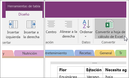 Captura de pantalla del botón Convertir en hoja de cálculo de Excel en OneNote 2016.