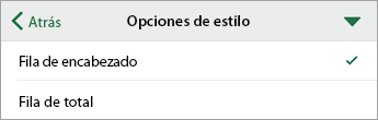 Comando Opciones de estilo, con Fila de encabezado seleccionado.