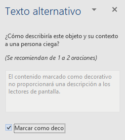 Panel de Texto alternativo para elementos decorativos en Word para Win32