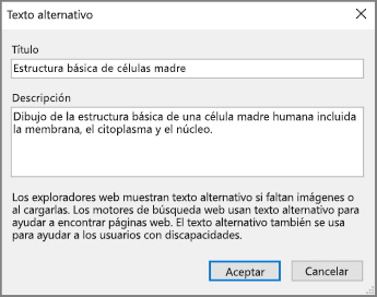 Captura de pantalla del cuadro Texto alternativo en OneNote con ejemplos en los campos Título y Descripción.