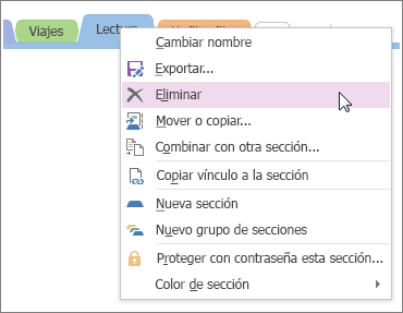 Captura de pantalla de cómo eliminar una sección en OneNote 2016.