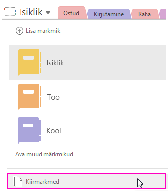 Kuvatõmmis rakenduse OneNote 2016 esiletõstetud märkmetega paanist „Märkmikud”