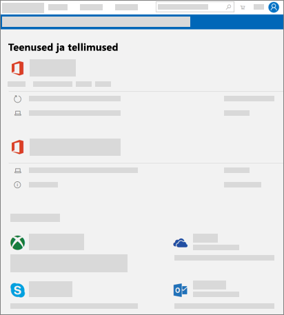 Lehel account.microsoft.com kuvatakse teenused ja tellimuste leht