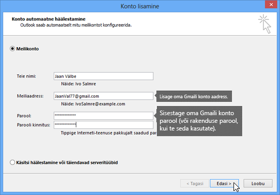 Gmaili meiliaadressi ja Gmaili konto parooli sisestamine