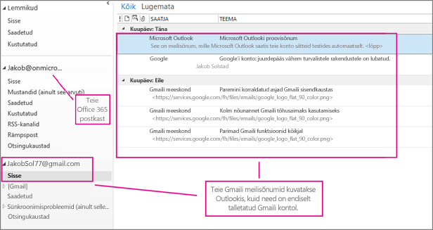 Pärast Gmaili konto lisamist kuvatakse Outlookis kaks kontot