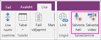 Kuvatõmmis OneNote 2016 menüüst Lisa, kus on näha heli ja video nupud.