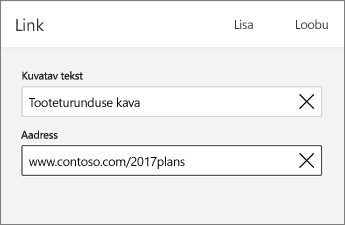 Dialoogiboks Link, kus on kuvatud väljad Kuvatav tekst ja Aadress.