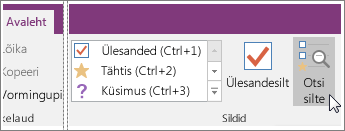 Kuvatõmmis OneNote 2016 nupust Otsi silte.